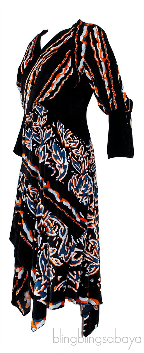 Black Velvet Printed Midi Dress