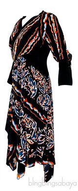 Black Velvet Printed Midi Dress