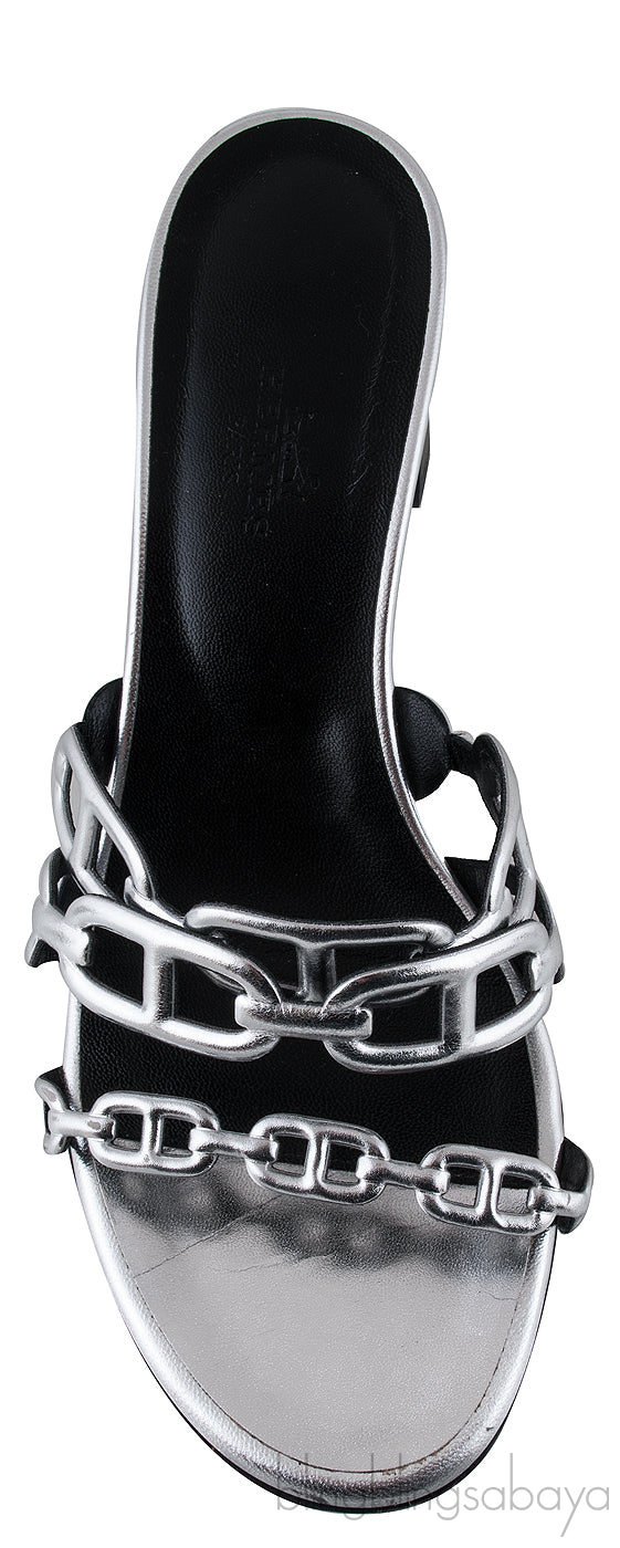 Chain Silver Leather Block Heels