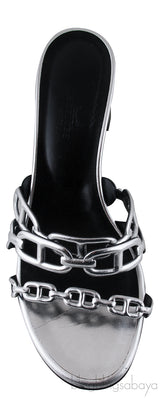Chain Silver Leather Block Heels