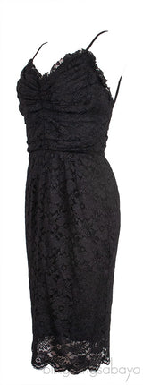 Gathered Front Black Lace Mini Dress