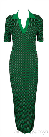 Green Knitted Checkered Maxi Dress