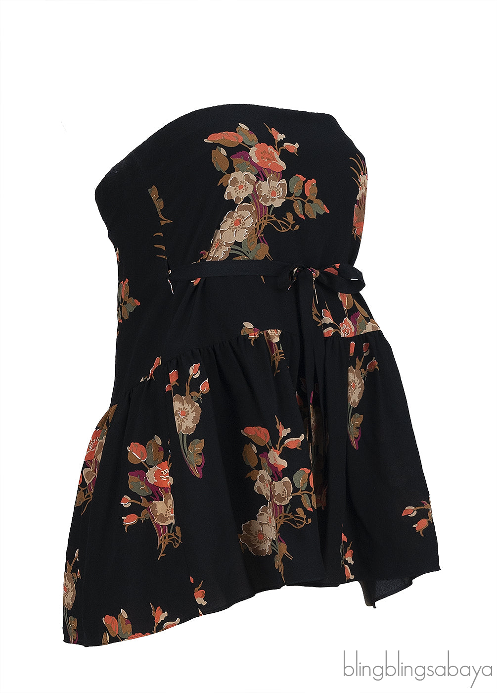 Valentino Black Floral Print Tube Peplum Top L