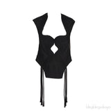 Black Cut-out Tasseled Woven Top