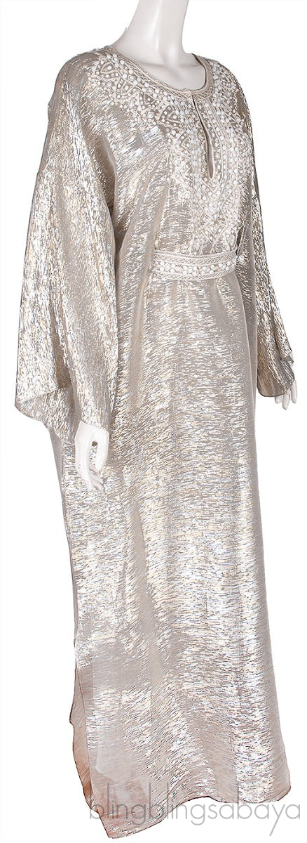 Silver Metallic Beaded Kaftan Dress