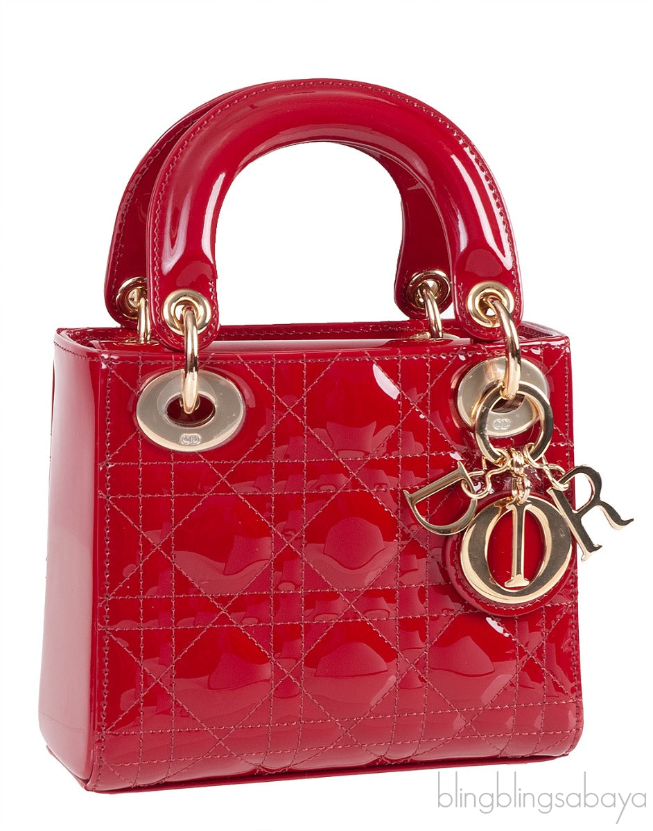 Christian Dior Lady Dior Mini Red Patent Quilted Leather GHW