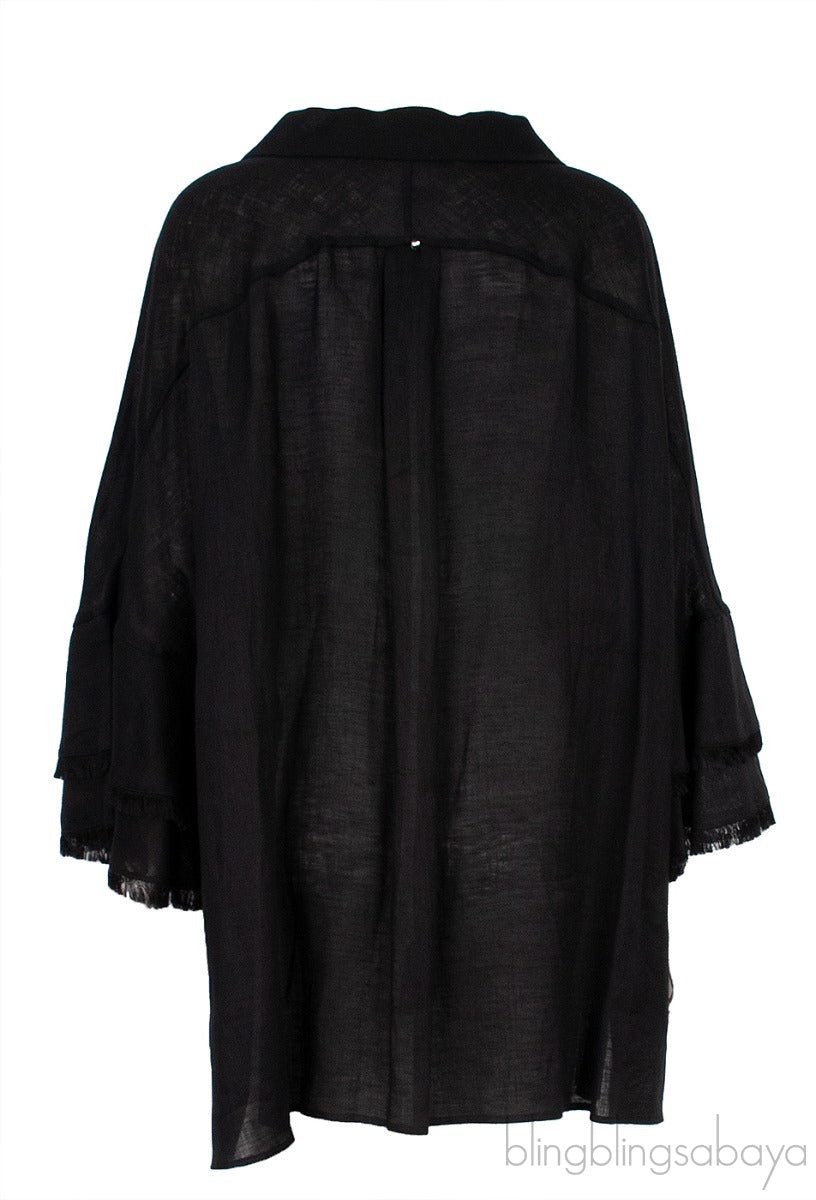 Black Linen Fringed Cuff Shirt