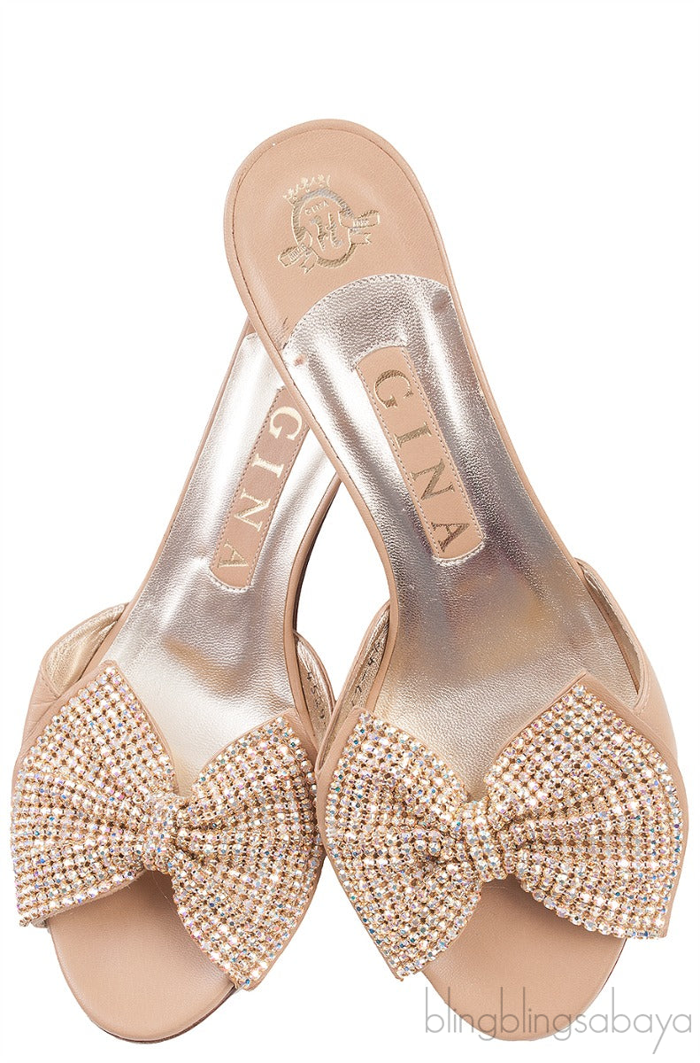 Nude Leather Bow Crystal Sandals