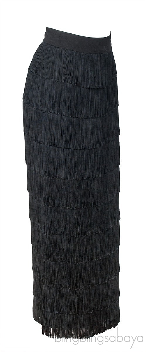 Black Tiered Fringed Maxi Skirt
