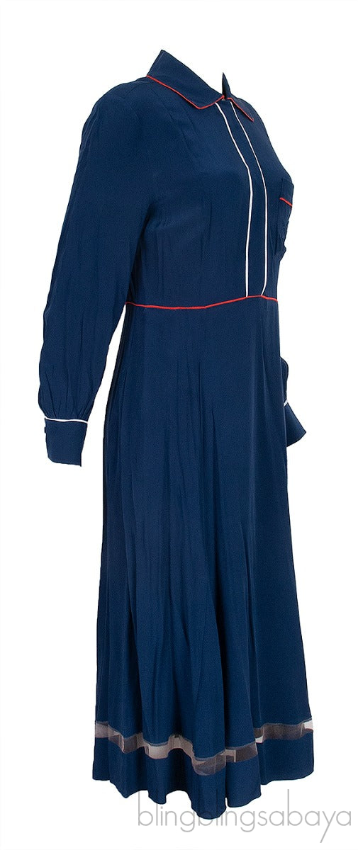 Blue Contrasting Trim Long Sleeve Dress