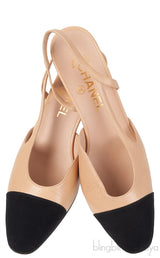Beige Leather Cap Toe Slingback Shoes