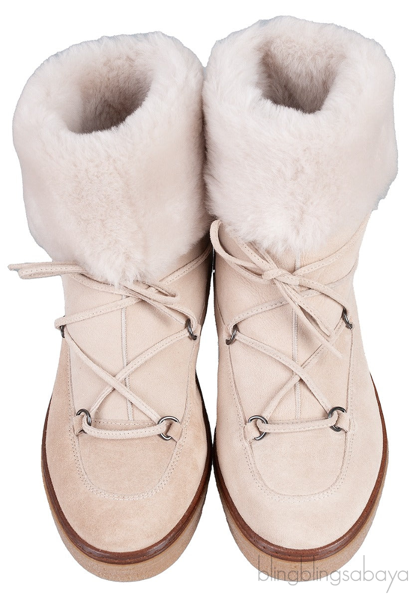 Beige Suede Fur Trim Flat Boots