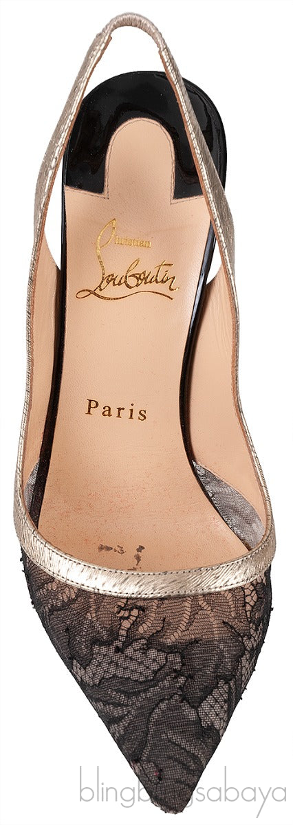 Christian Louboutin Black Floral Lace Gold Trim Slingback Heels