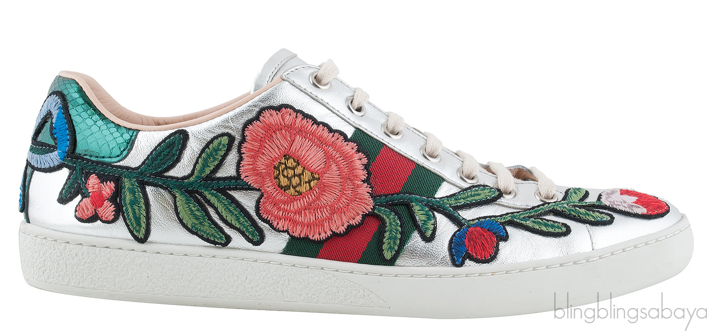 Floral Patch Silver Metallic Sneakers