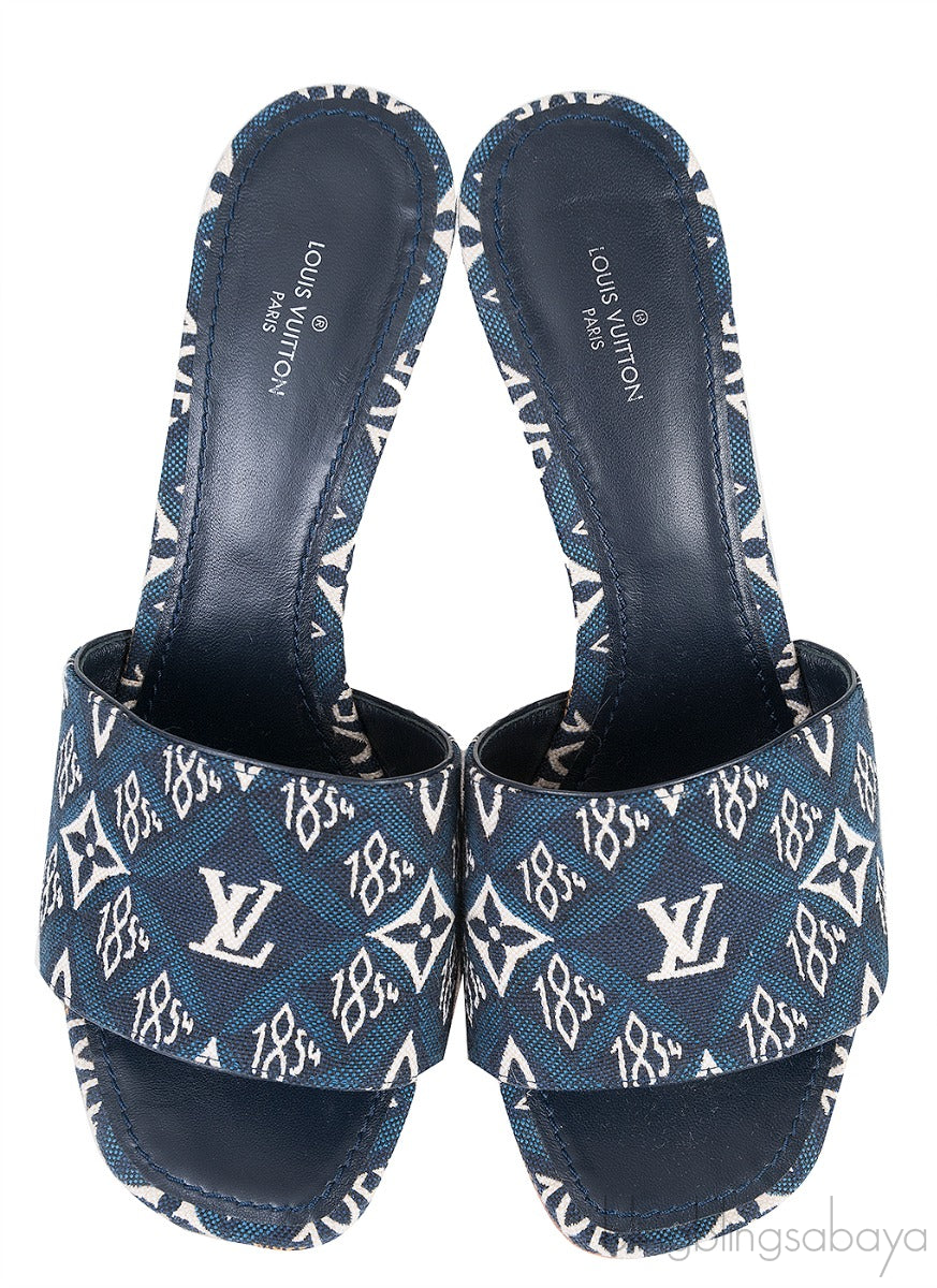 Blue Monogram Embroidered Mules