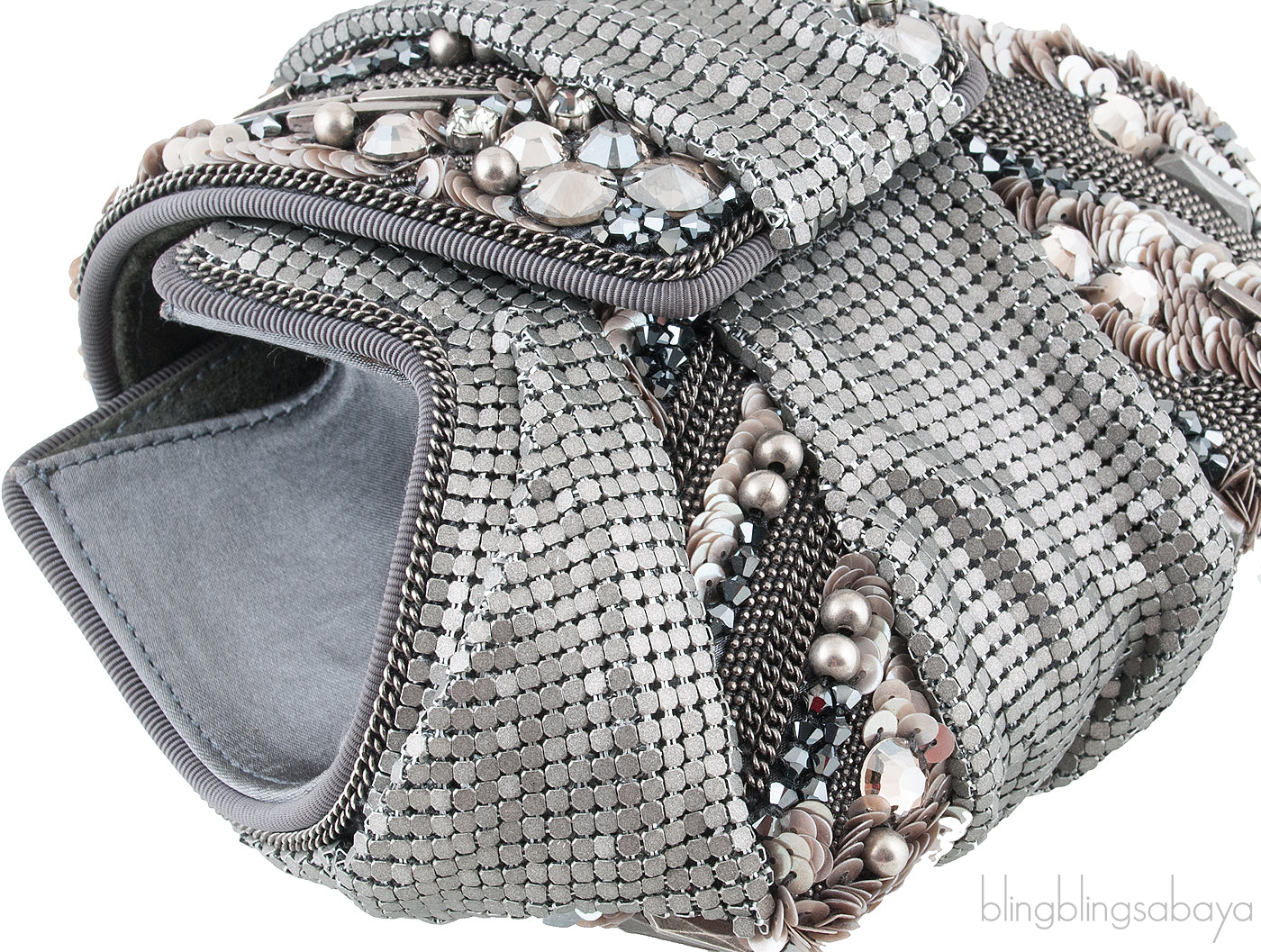 Grey Satin Metal Mesh Clutch