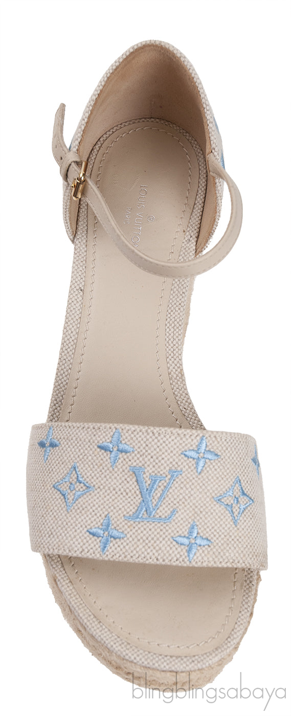 Light Blue/Beige Canvas Monogram Starboard Espadrille Wedge Sandals