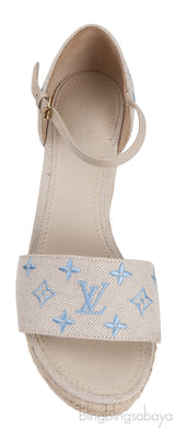 Light Blue/Beige Canvas Monogram Starboard Espadrille Wedge Sandals