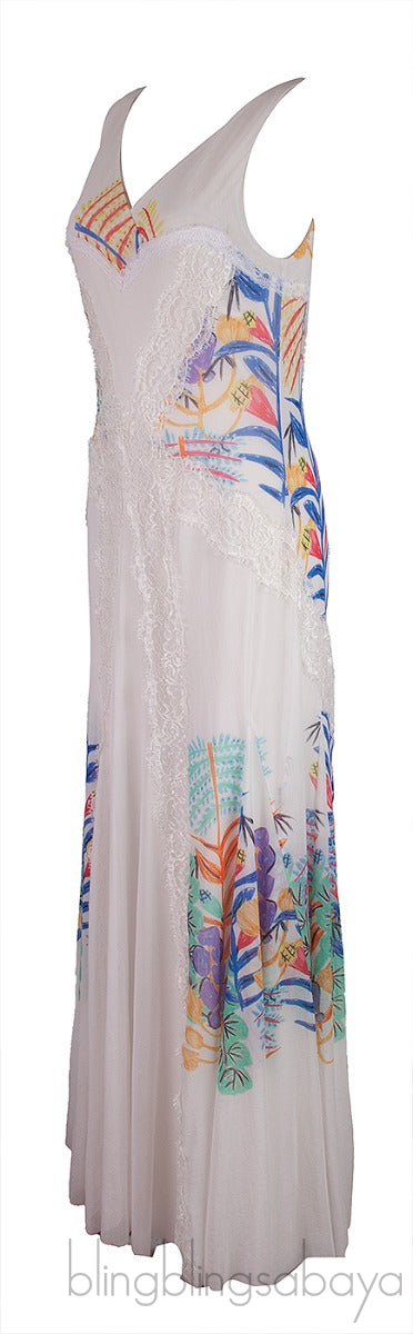 White Printed Sleeveless Lace Trim Dress