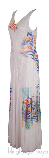 White Printed Sleeveless Lace Trim Dress
