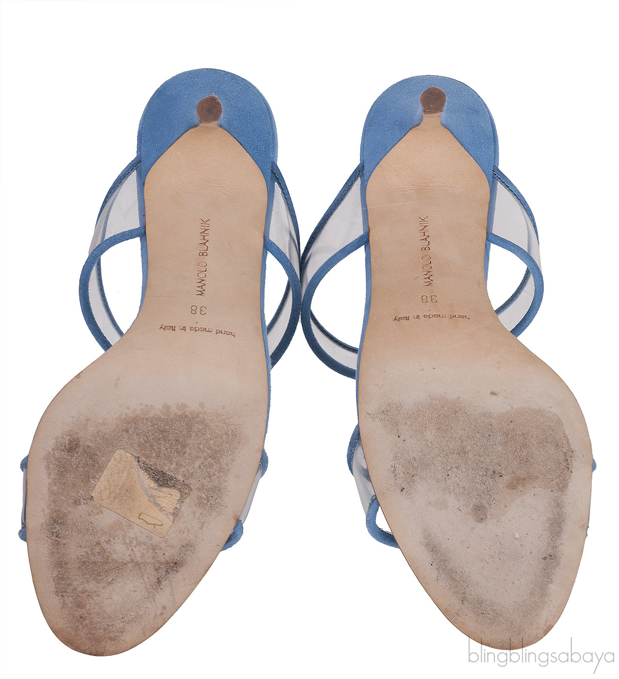 Manolo Blahnik Blue Invymu Suede PVC Open Toe Mules