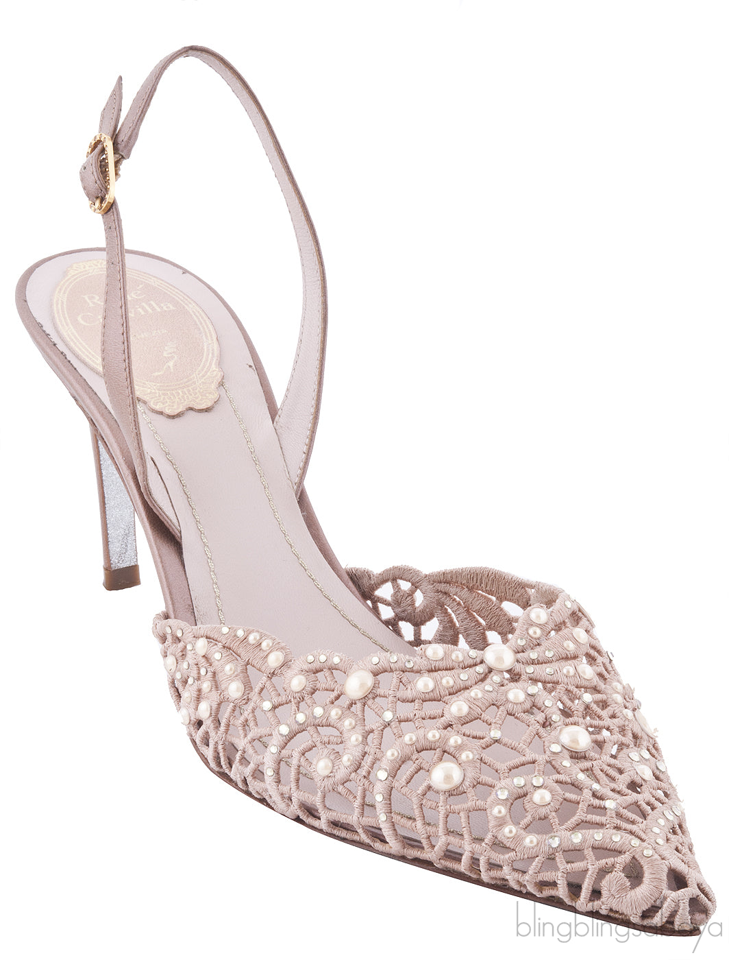 Embellished Crochet Satin Slingback