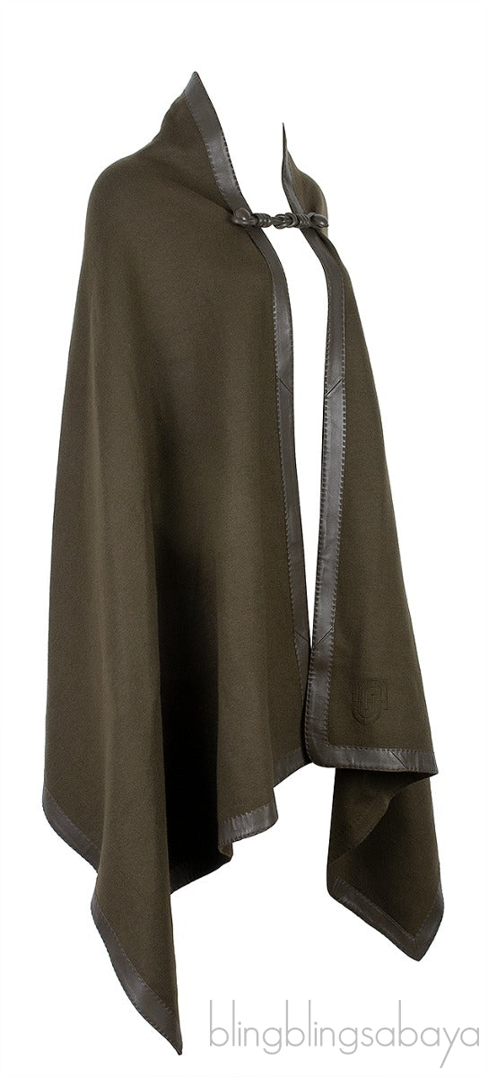 Moss Green Cashmere & Wool Leather Trim Cape