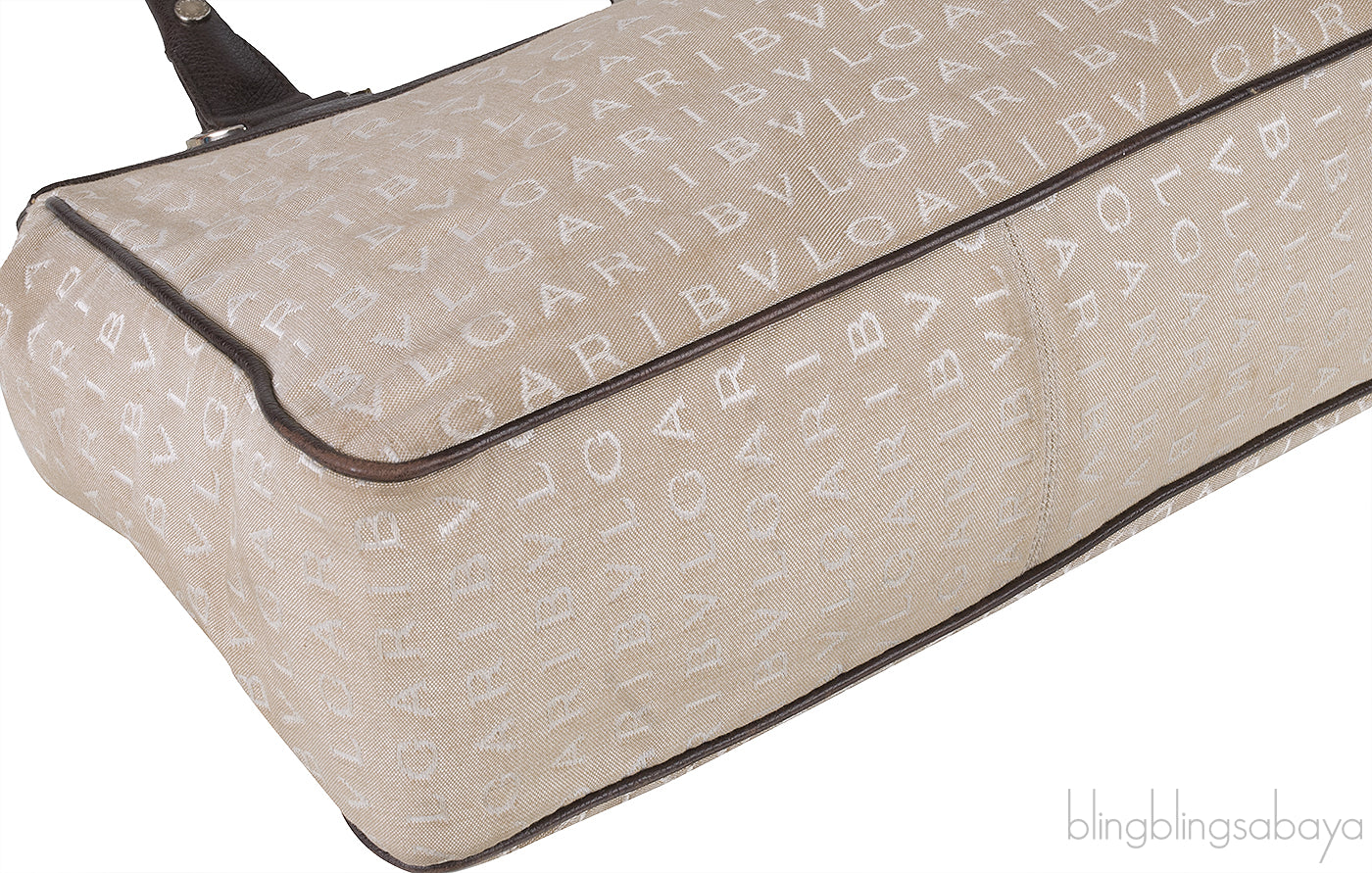 Logomania Beige Canvas Brown Leather Trim Bag