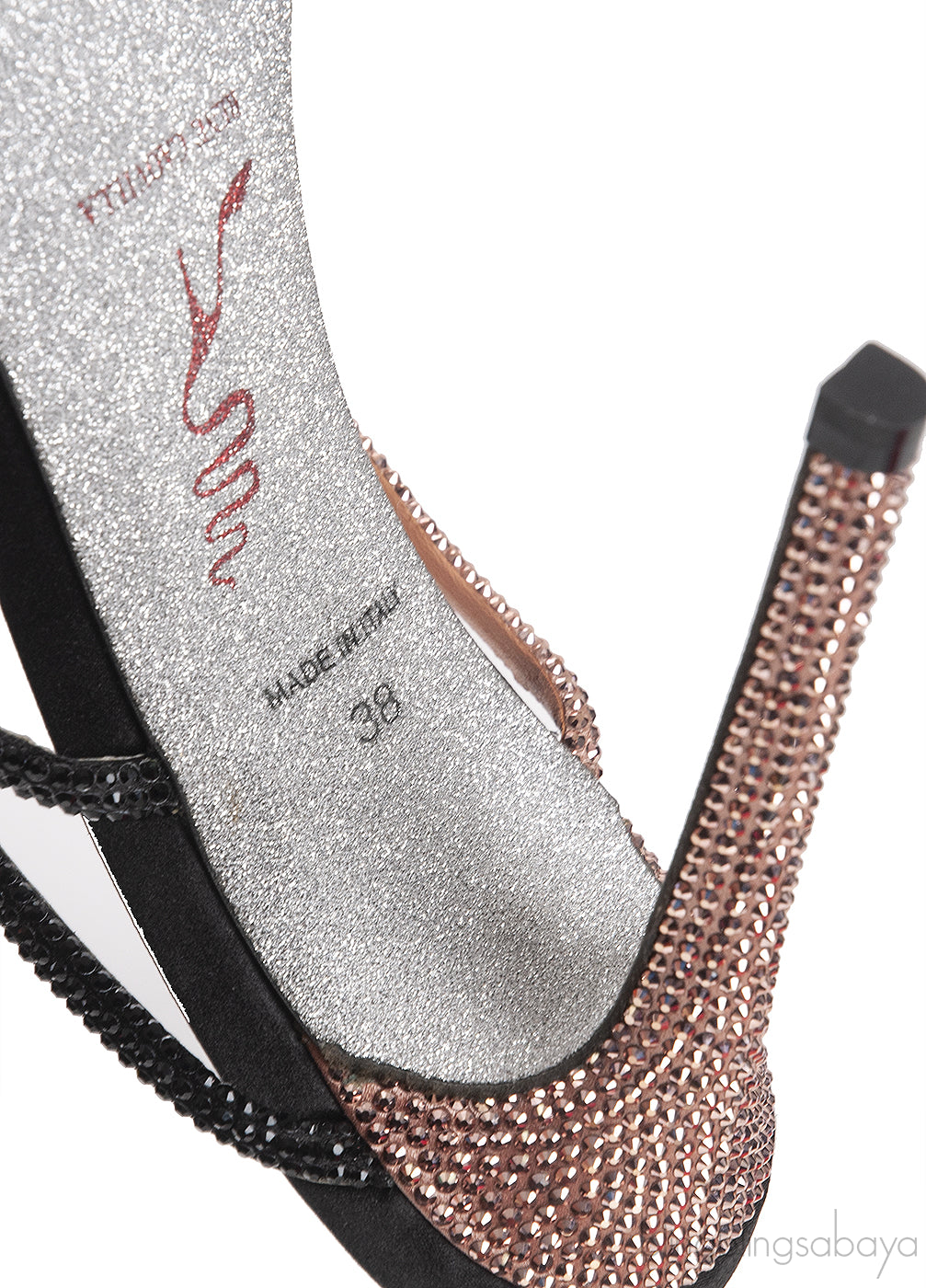 Rene Caovilla Pearl & Rose Gold Crystal Black Satin Sandals