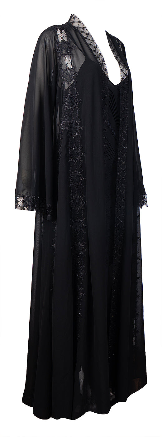 Mauzan Floral Embroidered and Crystal Mesh Abaya