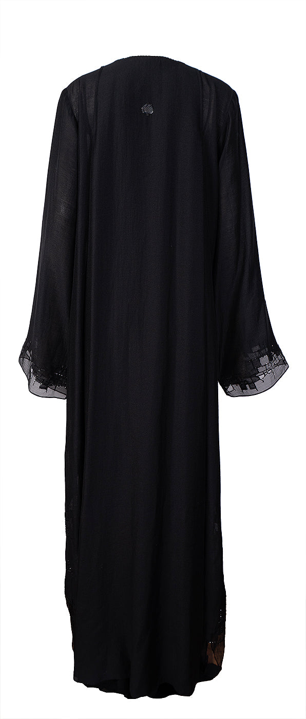 Mauzan Silver & Black Beads Mesh Trim Abaya