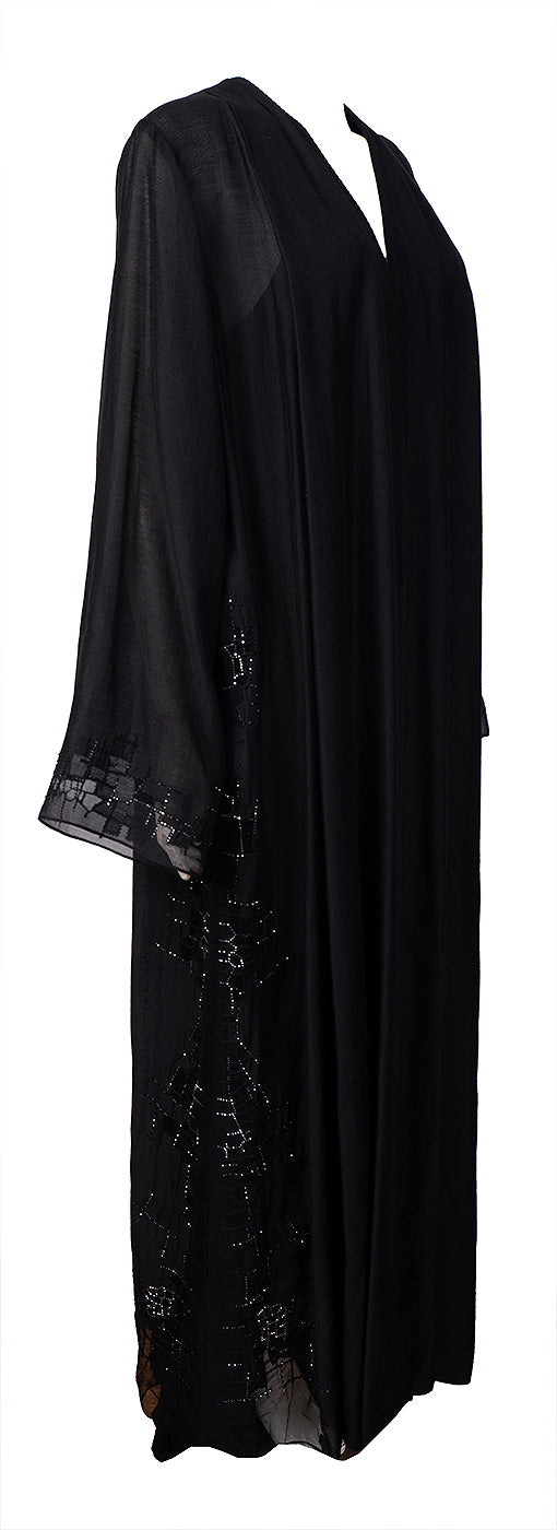 Mauzan Silver & Black Beads Mesh Trim Abaya