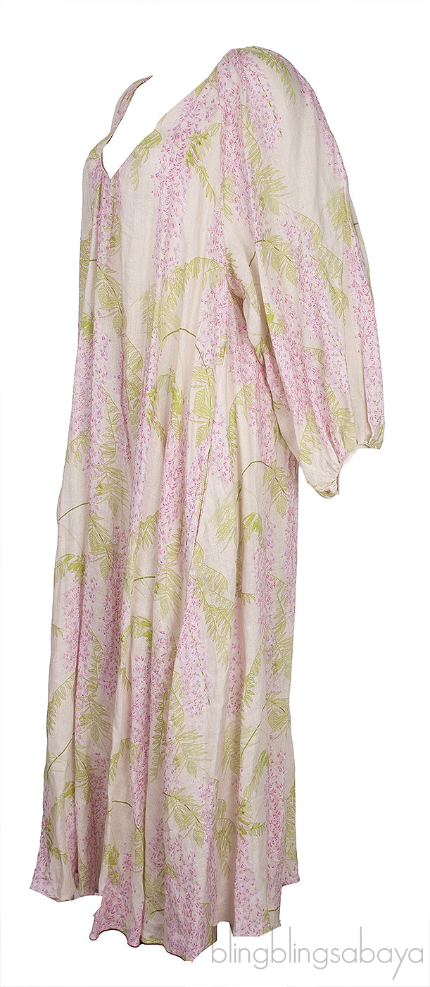Beige Georgette Floral Print Linen Dress
