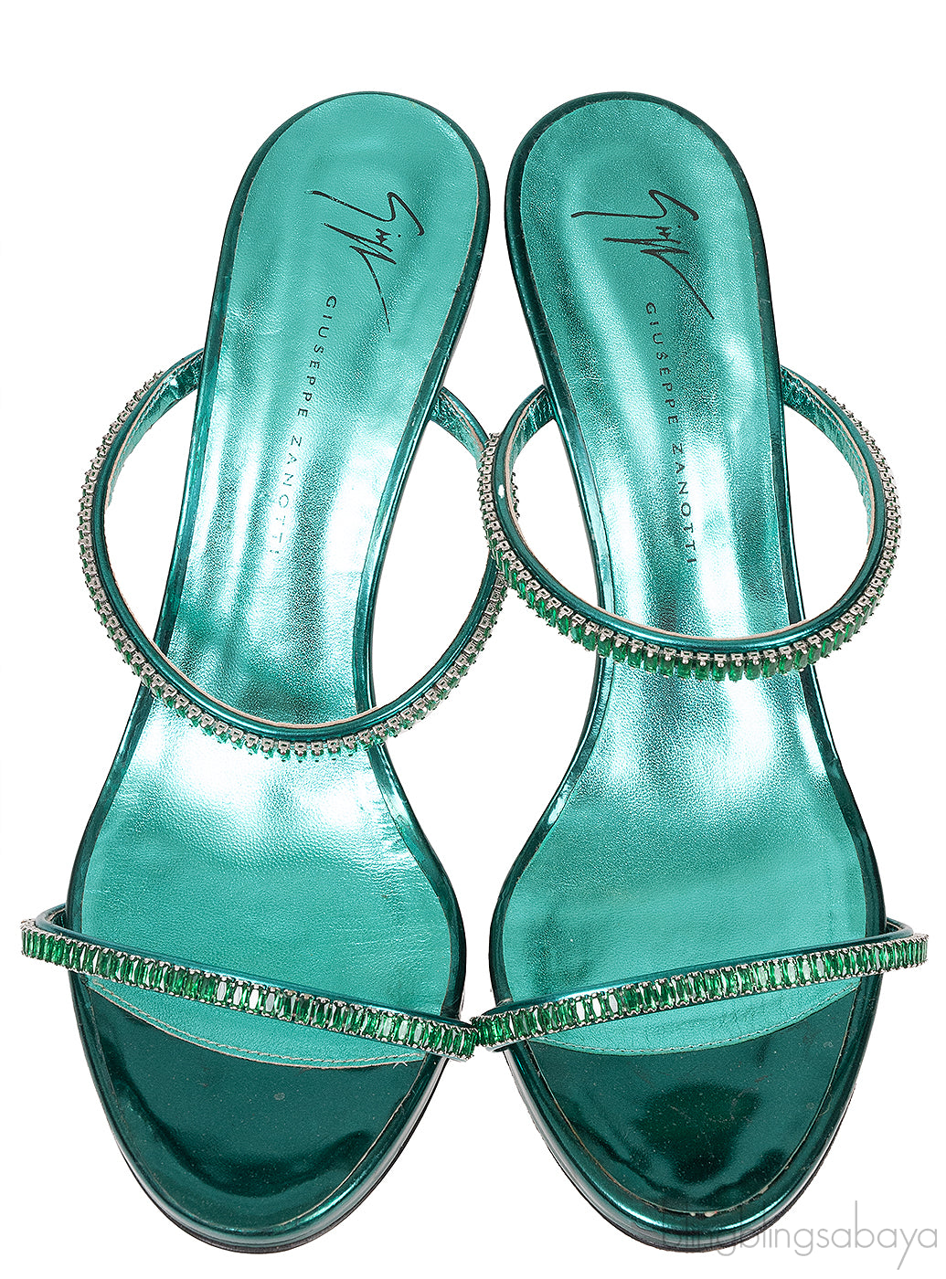 Giuseppe Zanotti Metallic Green Crystal Embellished Mules