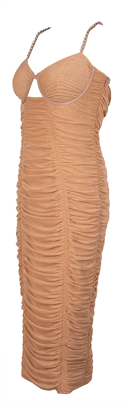 Self-Portrait Nude Ruched  Power Mesh Midi Dress