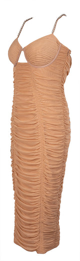 Self-Portrait Nude Ruched  Power Mesh Midi Dress
