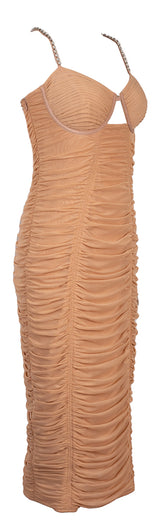 Self-Portrait Nude Ruched  Power Mesh Midi Dress