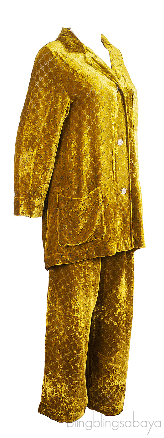 Gucci Gold GG Devore Velvet Shirt & Wide Leg Trouser