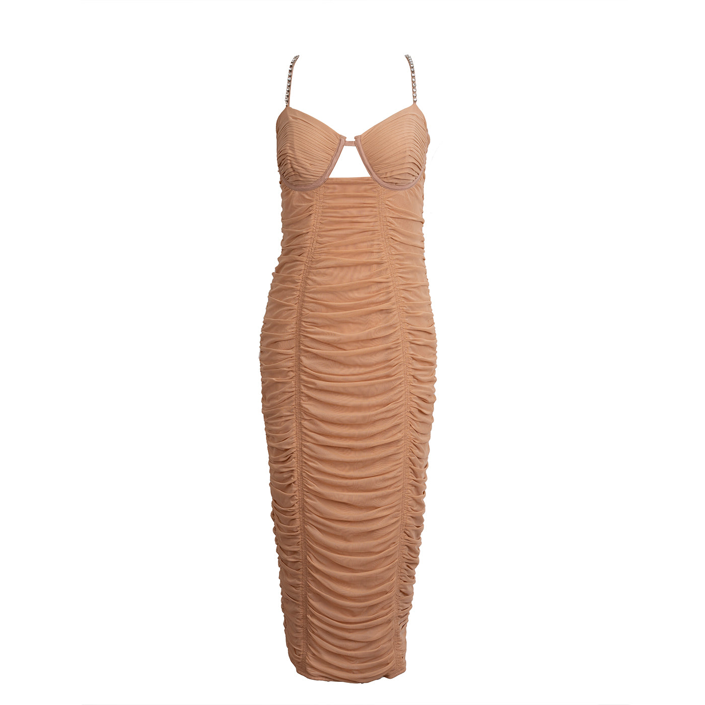 Self-Portrait Nude Ruched  Power Mesh Midi Dress