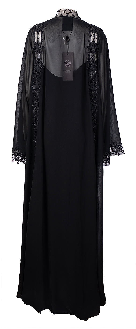 Mauzan Floral Embroidered and Crystal Mesh Abaya
