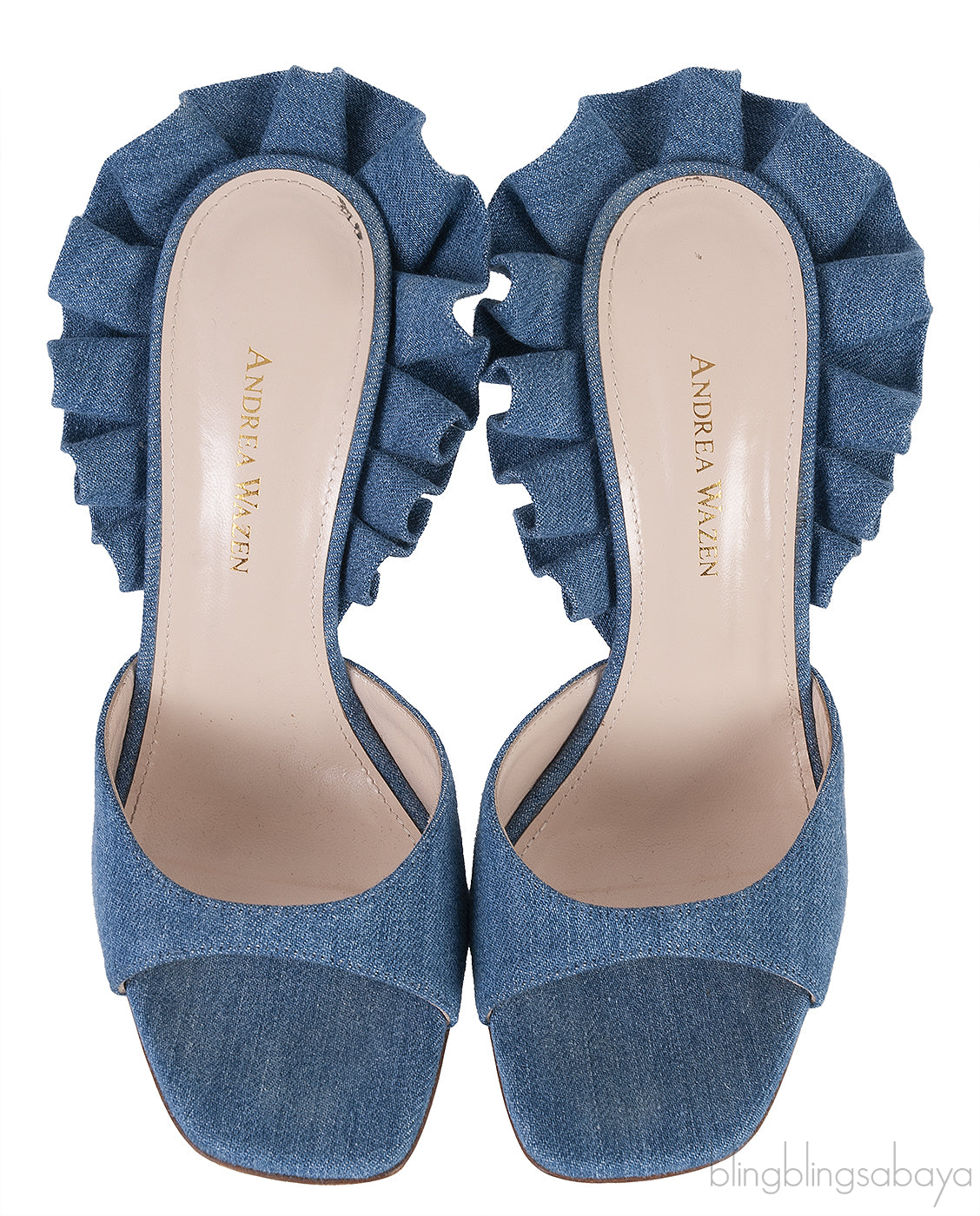 Andrea Wazen Blue Denim Rouches 105 Ruffled Mule Sandals