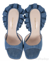 Andrea Wazen Blue Denim Rouches 105 Ruffled Mule Sandals