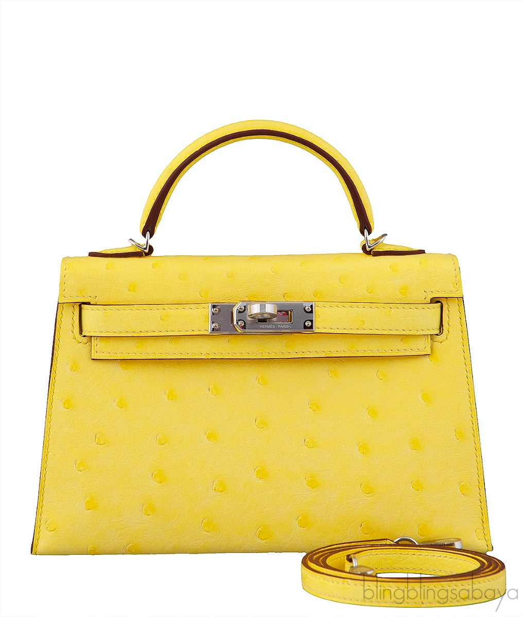 Kelly 20 Mini II Sellier Jaune Citron Ostrich PHW