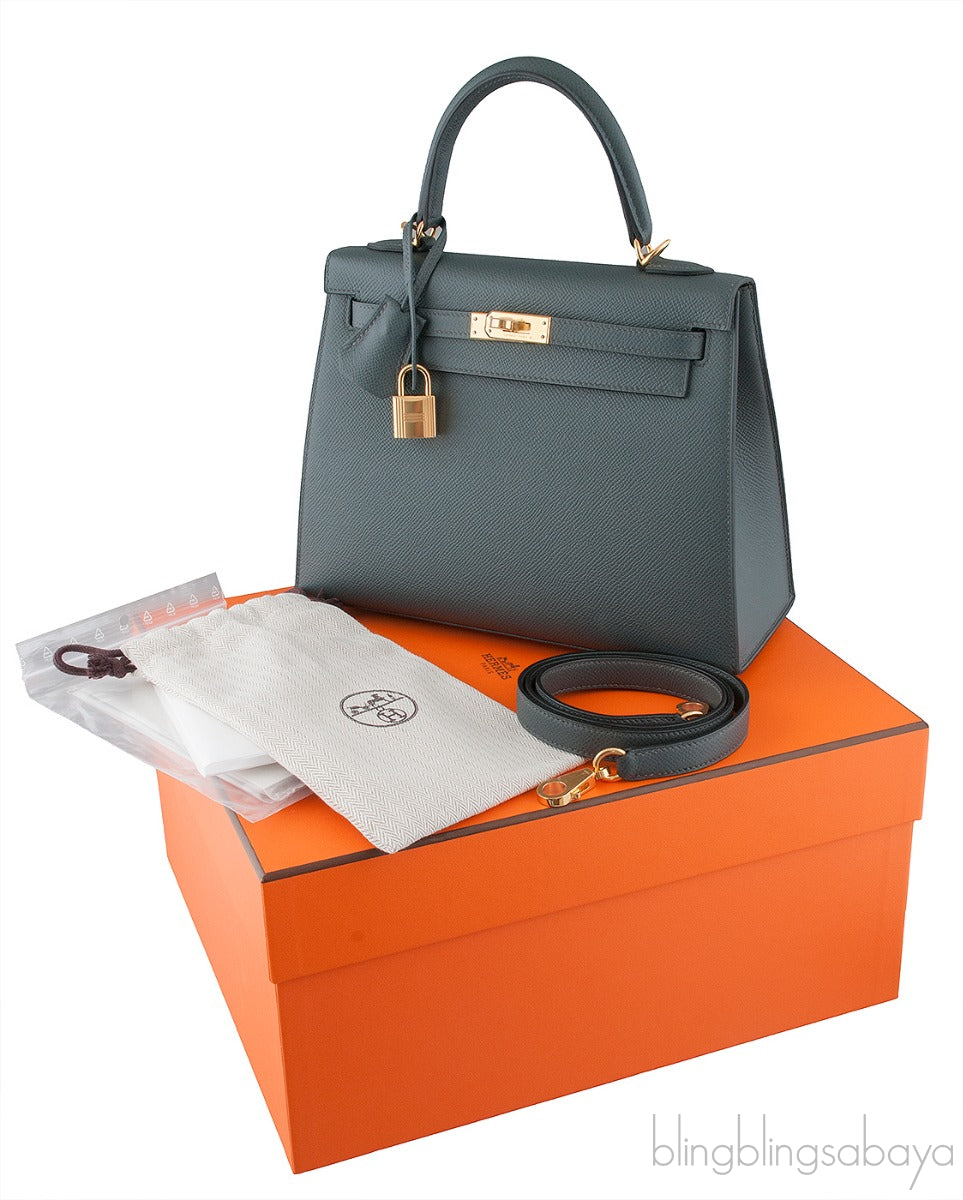 Kelly 25 Blue Orage Epsom Sellier GHW