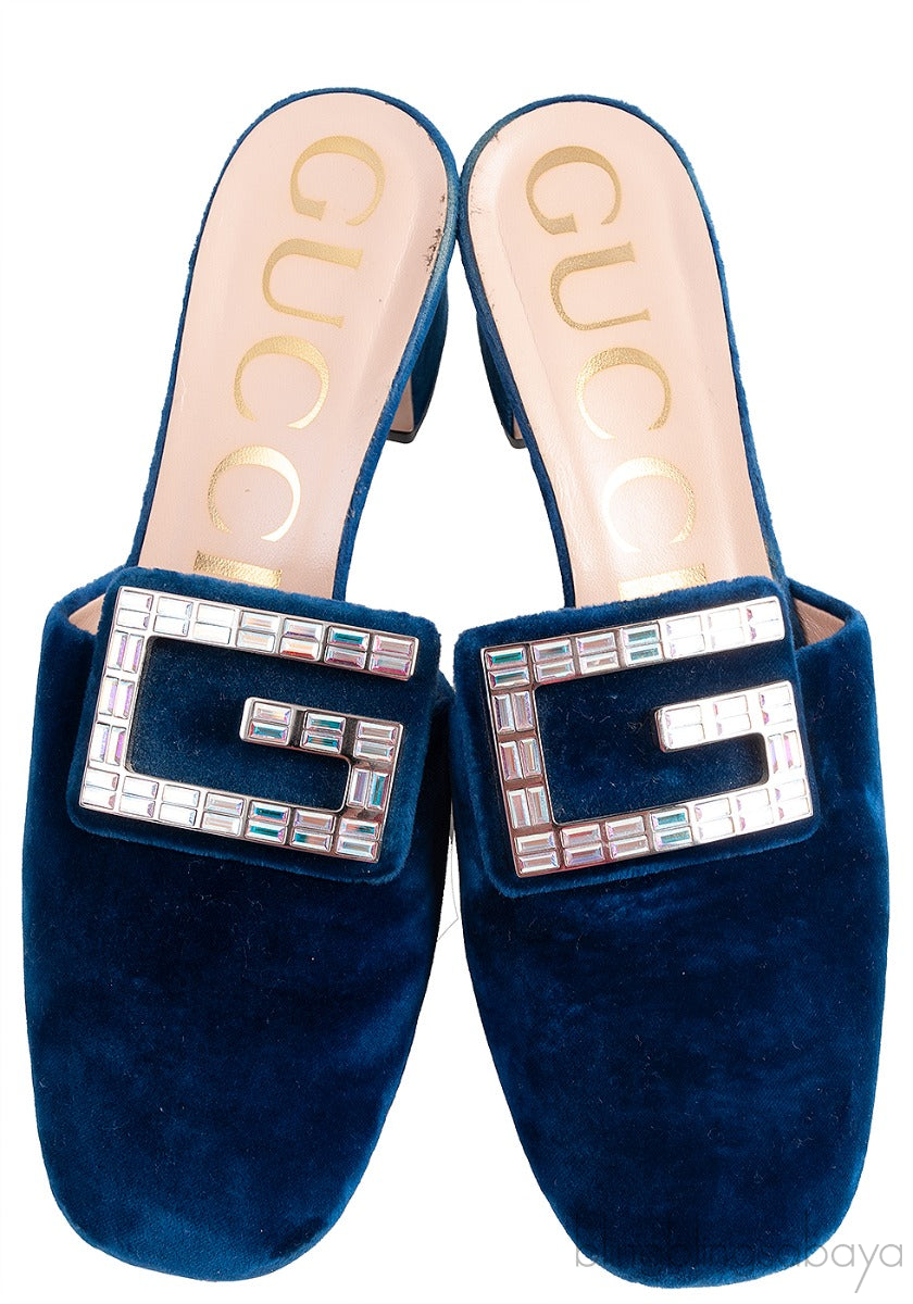 Gucci Blue Velvet G Crystal Madelyn Mules