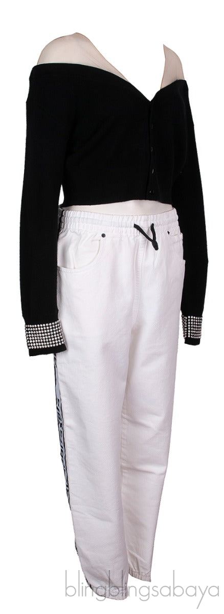 Mesh and Crystal Embellished Knitted Crop Top & White Denim Trouser