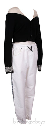 Mesh and Crystal Embellished Knitted Crop Top & White Denim Trouser