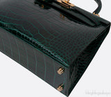 Kelly 25 Sellier Vert Fonce Patent Crocodile GHW