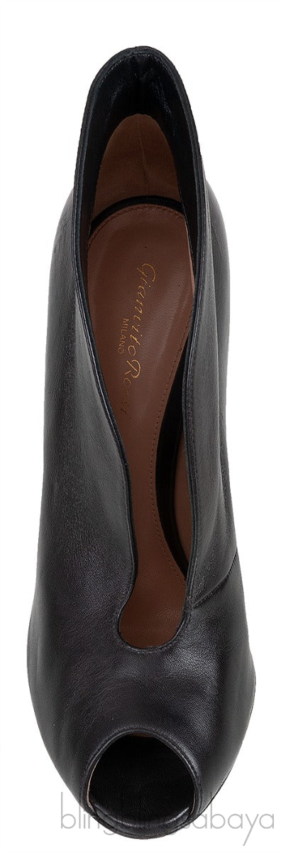 Vitello Luggage Black Peep Toe Heels