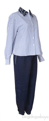 White And Blue Striped Poplin Shirt and Blue Silk Trouser